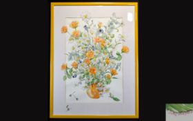 Original Pen Ink And Decoupage Artwork by Judy Strafford Large contemporary floral still life