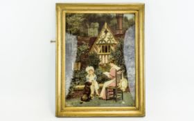 Gilt Framed Chrystoleum Depicting an Edwardian child, her dog and governess with house and garden to