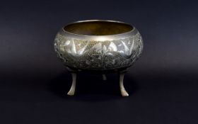Metal Footed Bowl decorative shallow bowl with three legs and engraved Anglo Indian style bird and