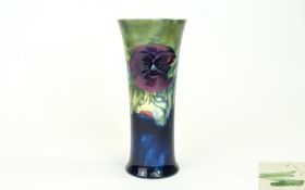 Moorcroft 'Pansy' Pattern Slender Tapered Vase, an unusual size of this design,