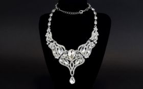 White Crystal Articulated Pendant Bib Necklace,