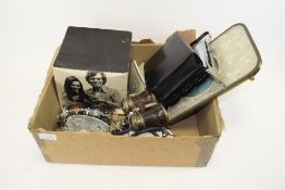 A Box Of Oddments To include camera, vintage binoculars, vanity set, iron and plated items etc.