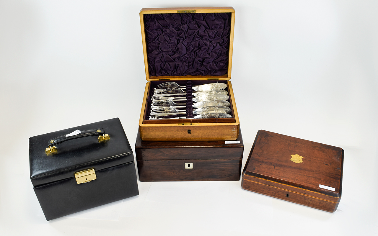 Collection Of Four Boxes Comprising Black Jewellery Box, Adapted Wooden Jewellery Box,