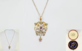 Victorian Period - 9ct Gold Elegant Drop Pendant Set with Garnets and Seed Pearls In a Pierced