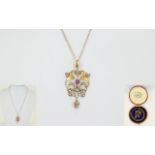 Victorian Period - 9ct Gold Elegant Drop Pendant Set with Garnets and Seed Pearls In a Pierced