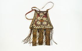 African Tribal Art - Full Front Embroidered Leather Pouch Shoulder Bag with Hand Stitched / Cross