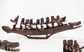 Tribal Art Large Hand Carved Wooden Model of a Canoe / Boat with Carved Crocodile Head and Ivory