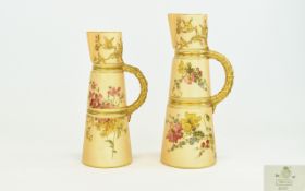 Royal Worcester Blush Ivory Pair Of Tapering Claret Jugs. Handpainted with gilt and floral