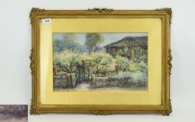 Arthur Hammond - A Profusely Flowering Hedgerow Covering a Wooden Trellis Leading to a Cottage,
