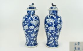 Chinese Pair of 19th Century Blue and White Tall Lidded Vases,