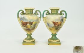 Royal Worcester Pair of Hand Painted and Signed Twin Handle Vases ' Highland Cattle ' Mountains