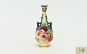 Royal Worcester Hand Painted Miniature Twin Handle Specimen Vase. Date 1910. 4.75 Inches High.