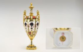 Royal Crown Derby Old Imari Pattern Solid Gold Band Tall and Impressive Twin Handle Lidded Urn