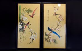 A Pair Of Antique Chinese Ink Paintings Each framed and mounted on gold silk jacquard fabric.