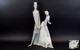 Lladro Tall Figure ' Couple with Parasol ' & Little Dog. Model Num 4563, Issued 1969 - 1985.