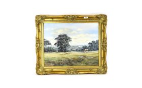 Allan Morgan Oil On Canvas, Landscape, Horses Grazing. 16 x 20 Inches, Gilt Swept Frame.