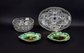 Two 19thC Green Majolica Leaf Dishes Together With Two Cut Glass Dishes