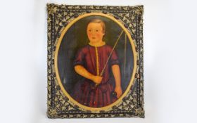 18th Century - English Naive School Portrait Painting on Canvas of a Young Noble Boy Holding a