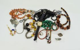 Mixed Lot Of Costume Jewellery, Comprising Beads, Rings, Wristwatch,