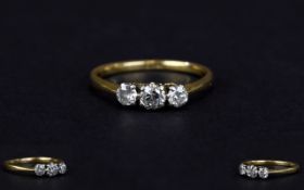 Antique Ladies 18ct Gold Set 3 Stone Diamond Ring, The Cushion Cut Diamonds of Good Colour.