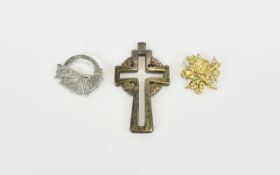 Silver Gilt United Kingdom Brooch, Celtic clasp brooch and Modernist Celtic style cross pendant,