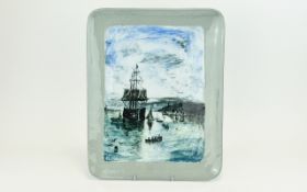 Heavy Oriental Porcelain Plate with a Scene of the Harbour. 14 x 11 Inches.