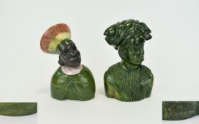 A Fine Hand Carved Pair of Heavy Malachite Sculptures / Bust of an African Man and Woman In Tribal