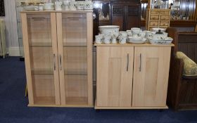 Contemporary Display Cabinet Beech effect modern cabinet in two sections. Approx height 77 inches.