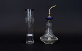 Ladies Cut Glass Atomiser With Silver And Blue Enamelled Top,