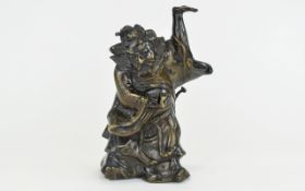 Japanese - Early 20th Century Heavy Bronze Mythical Figure Holding an Object In His Left Hand Above