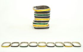 Collection Of Nine Enamelled Silver Stacking Band Rings, Scandinavian Style, of Curved Square