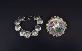 Victorian - Silver Enamelled Crown Brooch with Attached Safety Chain.