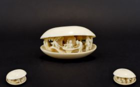 Japanese - Well Executed Carved Ivory Shell Clam with Carved Figures to Interior. c.1900. 2.
