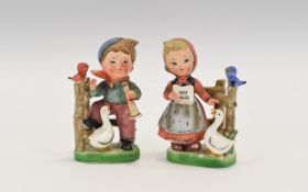 Hummel Large Figures ( 2 ) Girl and Boy with Musical Instruments and Ducks. Each 6 Inches High.