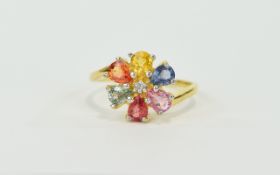 Multi Colour Sapphire Flower Ring, pear cut sapphires of green, orange, yellow, blue, pink and red,