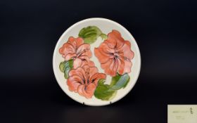 Moorcroft - Signed Modern Tube lined Cabinet Plate ' Coral Hibiscus ' Design on Cream Ground. c.