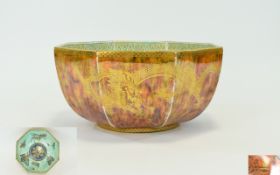 Wedgwood Octagonal Shaped Lustre Footed Bowl ' Dragon and Butterflies' Design on Orange Ground.