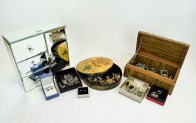 Hat Box Containing A Collection Of Costume Jewellery, To Include Odd Silver, Brooches, Rings,