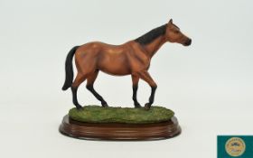 Leonardo Horse Figure ' Hunter ' Date 1996, Raised on Oval Shaped Wooden Stand. 8.25 Inches High.