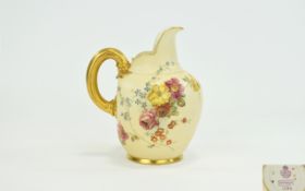 Royal Worcester Ivory Helmet Shaped Flat Back Jug. Handpainted with images of spring flowers to