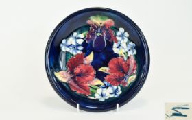 Moorcroft 'Orchid' Pattern Shallow Dish, red and yellow orchids with some green and purple,