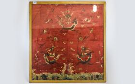 Framed And Glazed Chinese Silk Panel, Embroidered Decoration Depicting Dragons.