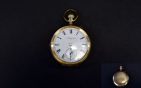 Elgin Watch Co Late 19th Century Keyless Gold Plated Open Faced Pocket Watch with 7 Jewels,