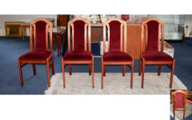 Four Hall Chairs In light wood with red velour upholstery.