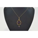 Victorian Period - Very Nice Quality 9ct Gold Set Amethyst and Seed Pearl Pendant and Drop with