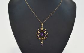 Victorian Period - Very Nice Quality 9ct Gold Set Amethyst and Seed Pearl Pendant and Drop with