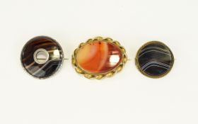 Collection Of Three Hardstone Brooches, Set With Banded Agate,
