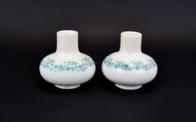 Ruskin - Early Pair of Squat Shaped Vases. Decoration - Leaf and Flower Garland on White Ground.