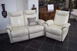 Three Piece Modern Reclining Sofa Modular sofa upholstered in cream leather with reclining function.