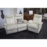 Three Piece Modern Reclining Sofa Modular sofa upholstered in cream leather with reclining function.